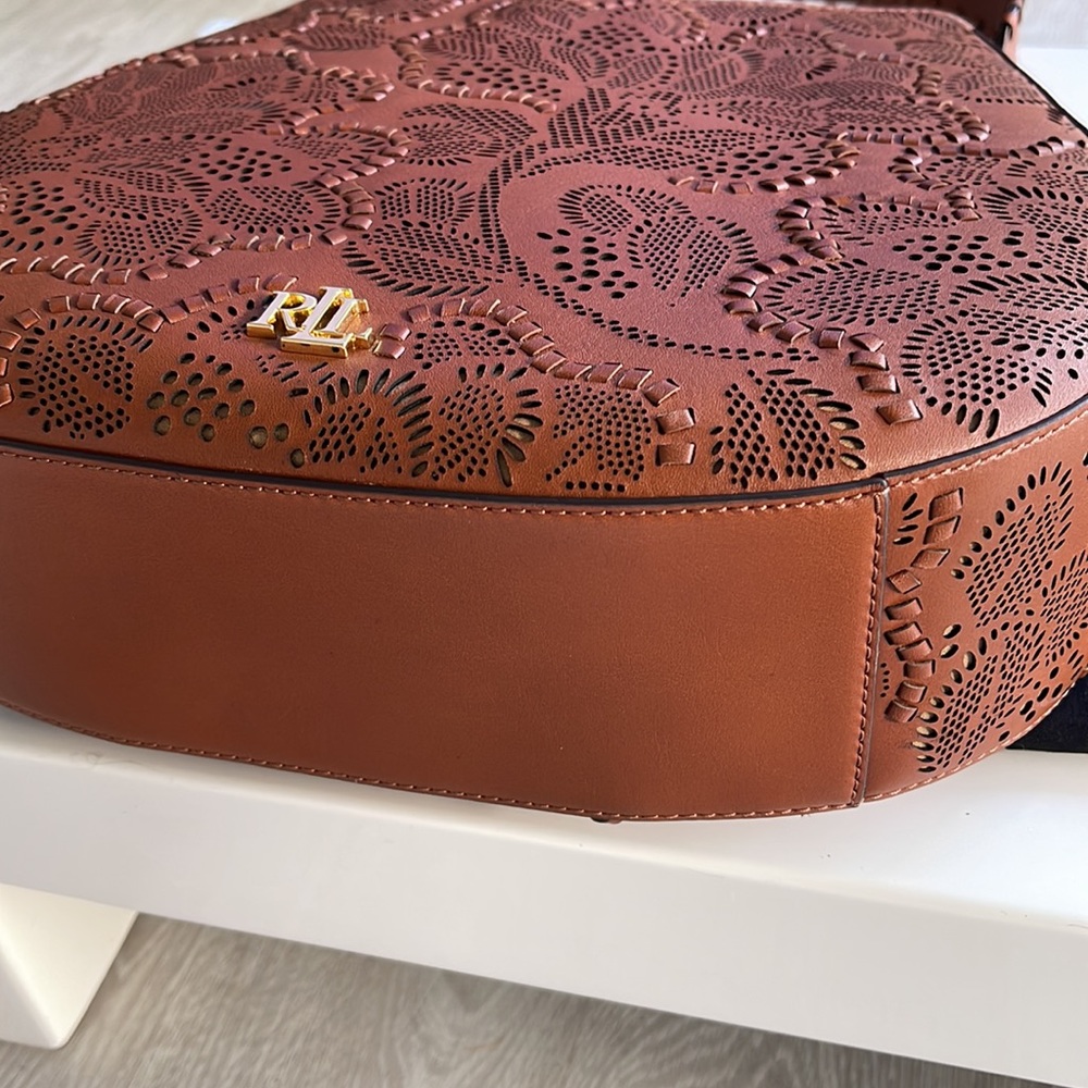 New Ralph Lauren Brown Leather Floral Hobo Shoulder Crossbody Bag Tote. $650. - Picture 3 of 8